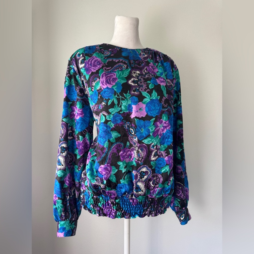 Vintage ‘90s Gianna Black, Blue, Green & Purple Floral Print Long Sleeve Blouse